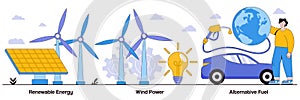 Renewable energy, wind power, alternative fuel concept with people character. Clean energy vector illustration set. Solar panels,