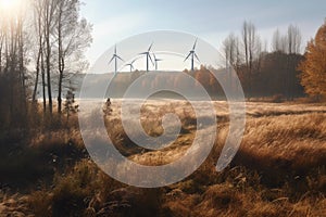 Renewable energy wind power located in the wilderness fields and forest. Wind turbine farm during sunny weather. Generative AI