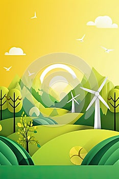 Renewable energy wind turbine banner and poster with copy space, in Paper Cut style.