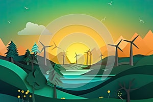 Renewable energy wind turbine banner and poster with copy space, in Paper Cut style,
