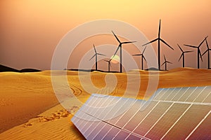 Renewable energy with windmills and solar panels in dessert at sunset