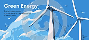 Renewable green energy banner with eco wind turbines. Landing page background design with windmills towers, future