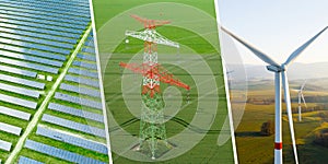 Renewable green energy collage with solar panel, windmill and pylon.