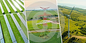 Renewable green energy collage with solar panel, windmill and pylon.