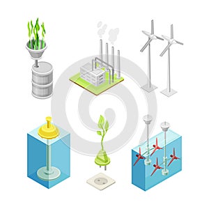 Renewable Green Energy Source with Biofuel, Plant, Wind Generator, Water Turbine and Hydrogen Fuel Isometric Vector Set