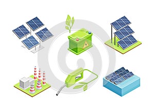 Renewable Green Energy Source with Electric Car Accumulator, Solar Panel Battery, Geothermal Power Station and Fuel