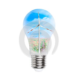 Renewable green energy, sustainability, ecology concept. Light bulb and wind turbine on white background