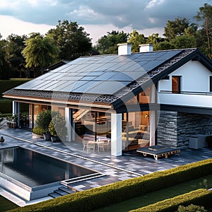 Renewable roofing House topped with bituminous tile, promoting sustainable energy
