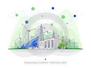 Renewable Solar and Wind Energy Battery Storage Smart Grid System with Power Lines