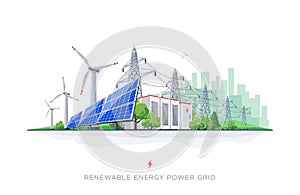 Renewable Solar and Wind Energy Battery Storage Smart Grid System with Power Lines