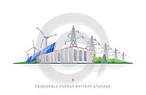 Renewable Solar and Wind Energy Electricity Battery Storage Grid System with Power Lines