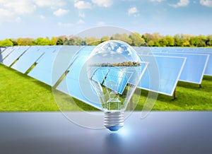 Renewable and sustainable energy development with solar panel in idea light bulb