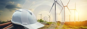 Renewable woman engineer windmill turbine electricity sky energy technology people worker wind farm