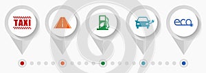 Renewables, transport icon set, miscellaneous pointer icons such as taxi, road, bio fuel, electric car and eco sign for webdesign