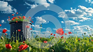 Renewal in Unexpected Places: Poppies Sprout in Trash Bin amidst Lush Green Field and Blue Sky
