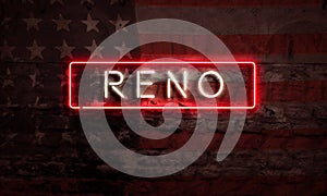 Reno Neon Sign On Brick American Flag