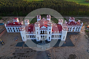 Renovated ancient castle-palace of Puslovsky aerial photography. Kossovo, Belarus photo