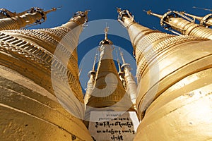 Golden stupas at Shwe Indein Pagoda, at Inle Lake, in Myanmar