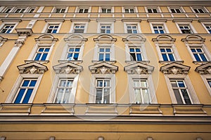 Renovated old apartment buildings. Exterior design of apartment building front with lot of ornamental details