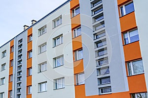 Renovated and thermally insulated facade of a typical 1970s apartment building