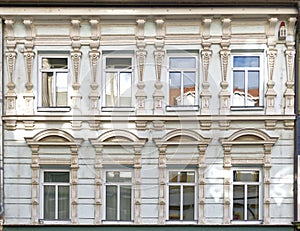 Renovated vintage house main facade with decorated windows pattern, Gera city in Thuringen, Germany