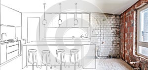 Renovation concept drawing of a kitchen plan merge with interior photo
