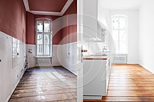 Renovation concept -kitchen room before and after refurbishment or restoration photo