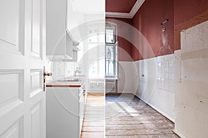 Renovation concept - kitchen room before and after refurbishment or restoration photo