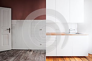 Renovation concept -kitchen room before and after refurbishment or restoration