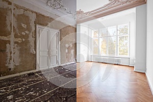 Renovation concept - room in apartment before and after renovation works. plastered and painted walls, white doors and wooden