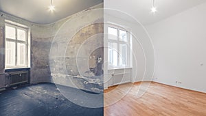 Renovation before and after - empty apartment room, new and ol