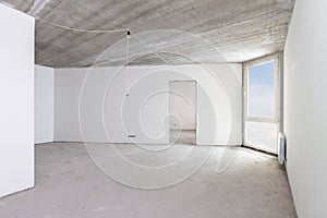 Renovation home. Building construction interior site with concrete walls, blue claudy sky window view light white clean