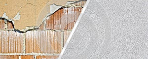 Renovation of an old plaster wall - concept with an old damaged plaster wall versus a new one