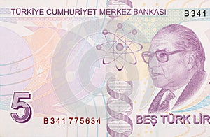 Renowned historian of science Aydin Sayili Portrait from Turkey 5 Lira 2009 Banknote