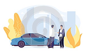 Rent car. Carsharing, rental car agency illustration. Flat male characters, vector auto, city landscape