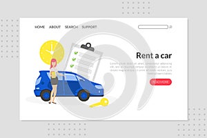 Rent a Car Landing Page Template, Car Sharing Service Advertising Web Page, Mobile App Vector Illustration