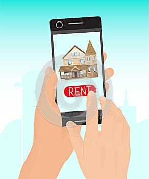 Rent home concept banner vector illustration. Real estate booking app on smartphone screen. Hand hold mobile phone