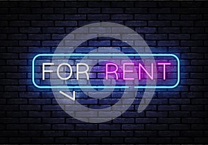 For rent neon sign vector. For rent Design template neon text, light banner, nightly bright advertising, light