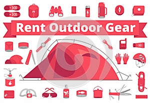 Rent outdoor gear. Camping gear rental. Mountain hike equipment set. Tourism travel adventure. Trekking hiking tent