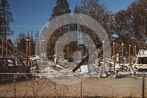 For Rent sign by burned out mobile home park in Oregon