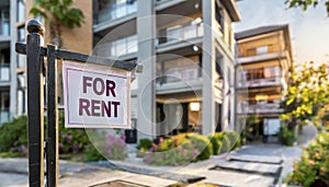 For rent sign in front of a modern apartment building