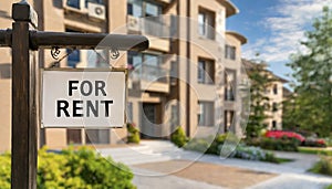 For rent sign in front of a modern apartment building