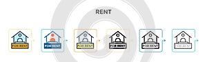 Rent vector icon in 6 different modern styles. Black, two colored rent icons designed in filled, outline, line and stroke style.