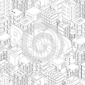 For rent. Words in city buildings background. Isometric top view. Gray lines outline contour style. Background real estate. Vector