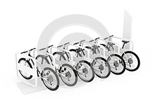 Rental Bikes Concept. Row of Modern Mountain Bicycles at Parking or Rent Station. 3d Rendering