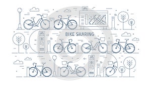 Rental bikes parked at docking stations on city street, electronic payment terminals, map stand and trees. Concept of