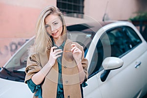 Rental car customer fyoung woman blonde hair driver