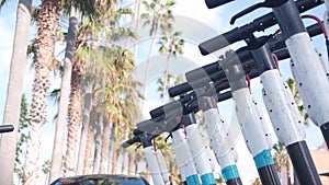 Rental electric scooters parked on street sidewalk, palm trees, California, USA.