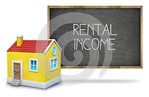 Rental income text on blackboard with 3d house