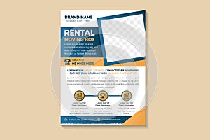 Rental moving box flyer template design with combination blue and brown colors element